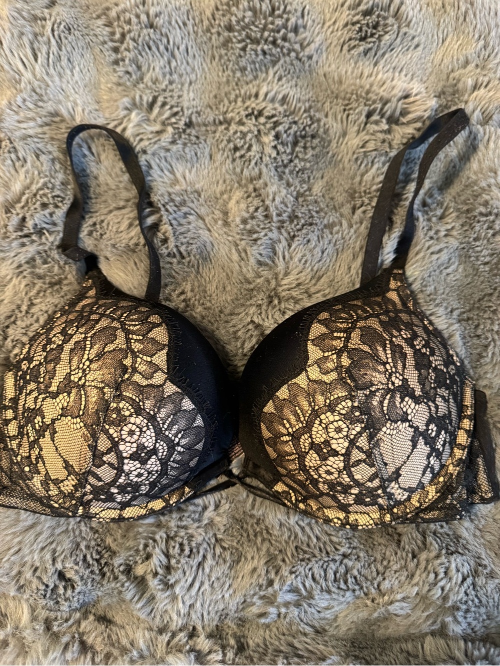 Black Lace Overlay Push-Up Bra with Nude Lining Bombshell